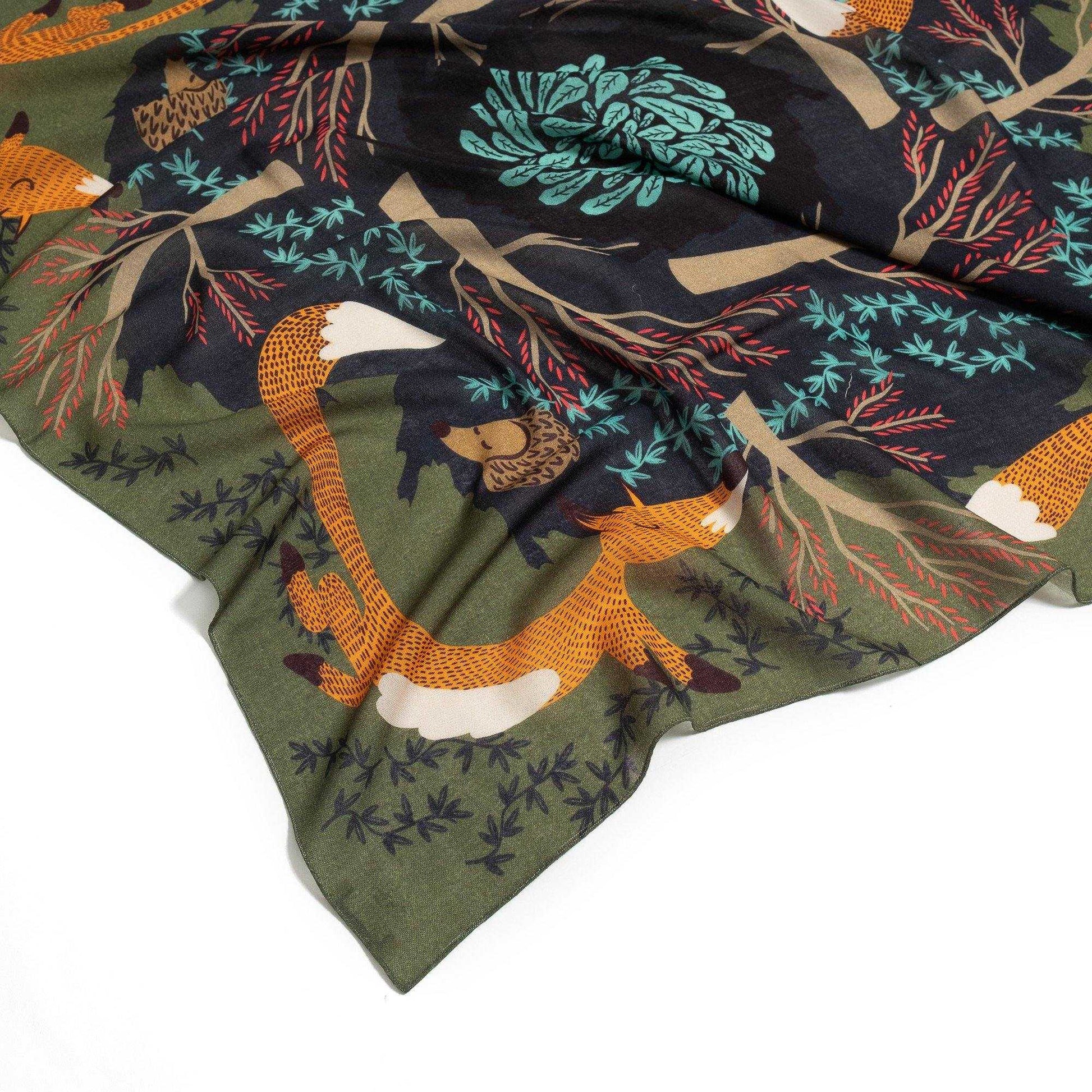 Japanese Merino Wool 'Fox Burrow' green  正方形スカーフ | YARN&COPPER