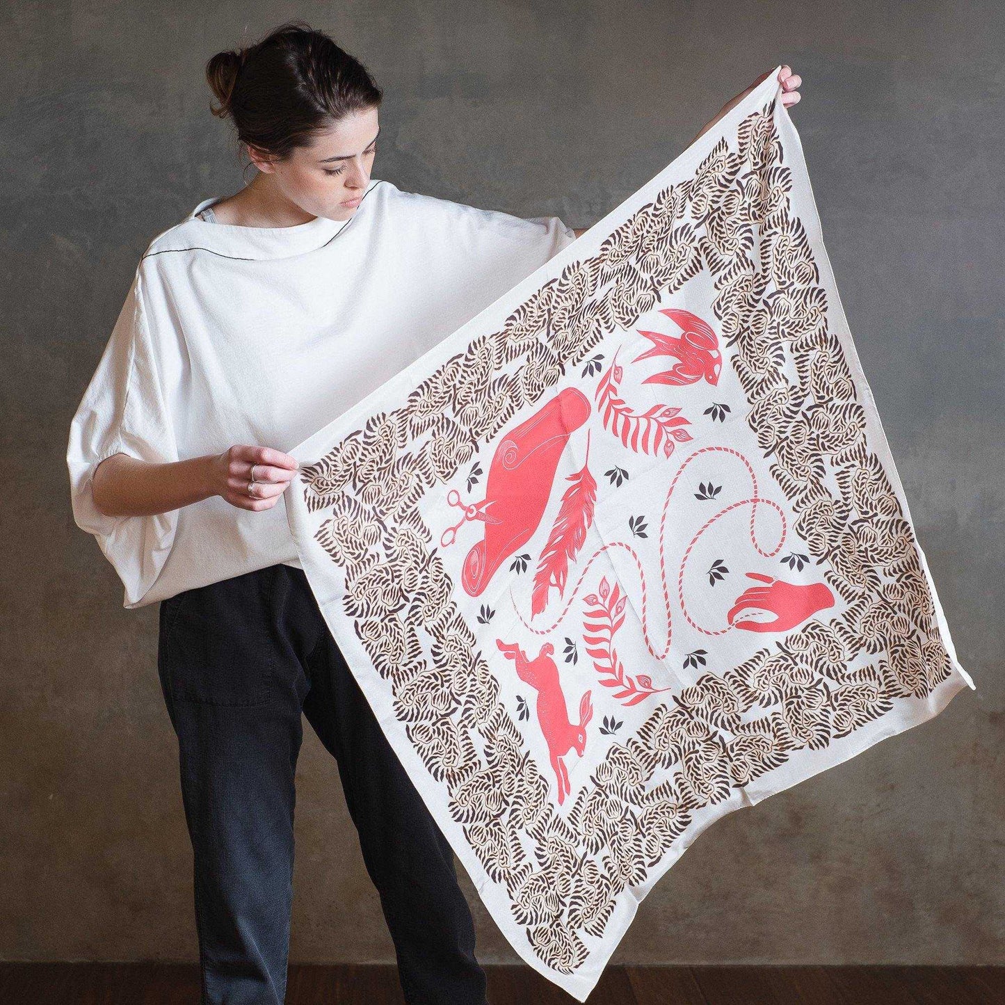 Japanese Printed Silk 'The Weaver's tale' light beige 大判スカーフ